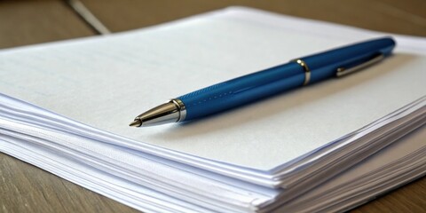 A stack of blank white paper sheets with a blue pen resting on top, ready for writing or drawing.