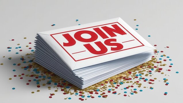 Paper join us concept. A stack of invitations featuring "JOIN US" text, surrounded by colorful confetti, inviting participation or engagement.