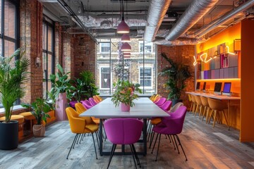 Bright collaborative workspace for team projects modern office interior design urban environment wide-angle view creative atmosphere