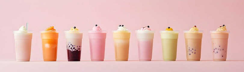 Commercial photography showcasing various bubble milk tea drinks in transparent plastic cups, arranged in a line against a pastel-colored background