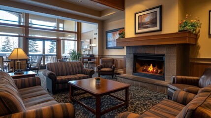 Fototapeta premium cozy fireplace lounge with mountain views