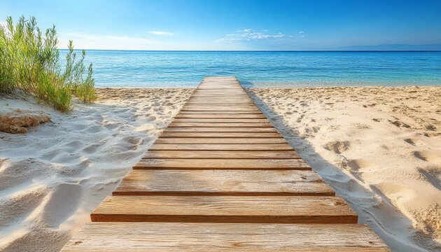 Serene beach scene  a wooden boardwalk leading to calm waters under a clear blue sky