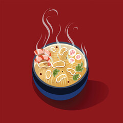 Ramen noodles . Bowl with noodle, eggs and vegetables. Isolated on monohrom background. Vector illustration.