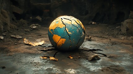 A globe with a cracked surface, leaking greenhouse gases into the atmosphere, representing Earth's vulnerability. 