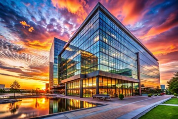 Obraz premium Sunset Cityscape: Modern Corporate Head Office Night Photography