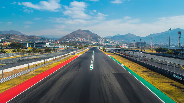 Captivating view of an empty straight race track at Autodromo Hermanos Rodriguez, showcasing the smooth asphalt, surrounding architecture, and vibrant sky
