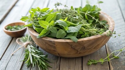 A wooden bowl overflowing with fresh herbs, a culinary symphony of green leaves, ready to add flavor and fragrance to any dish.