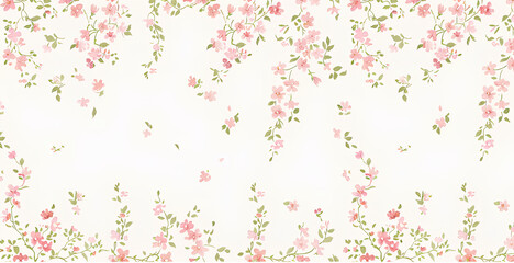 Pink and white pattern with a small floral design, a pink border at the bottom of the wallpaper, a cute and simple pattern for a child's room decoration.