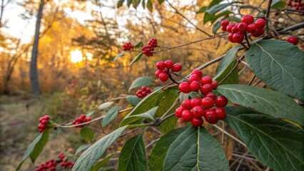 Obraz premium Vibrant red berries clustered on a branch amidst a backdrop of blurred autumn foliage, highlighting the beauty of nature's seasonal transformation.