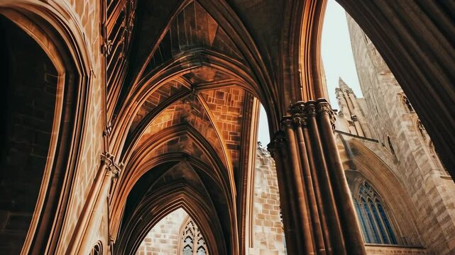 Beautiful architectural details of historical cathedral captured in warm light showcasing intricate stonework and arches