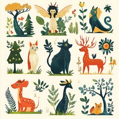 Obraz premium Colorful Illustrations of Animals and Nature in Whimsical Style