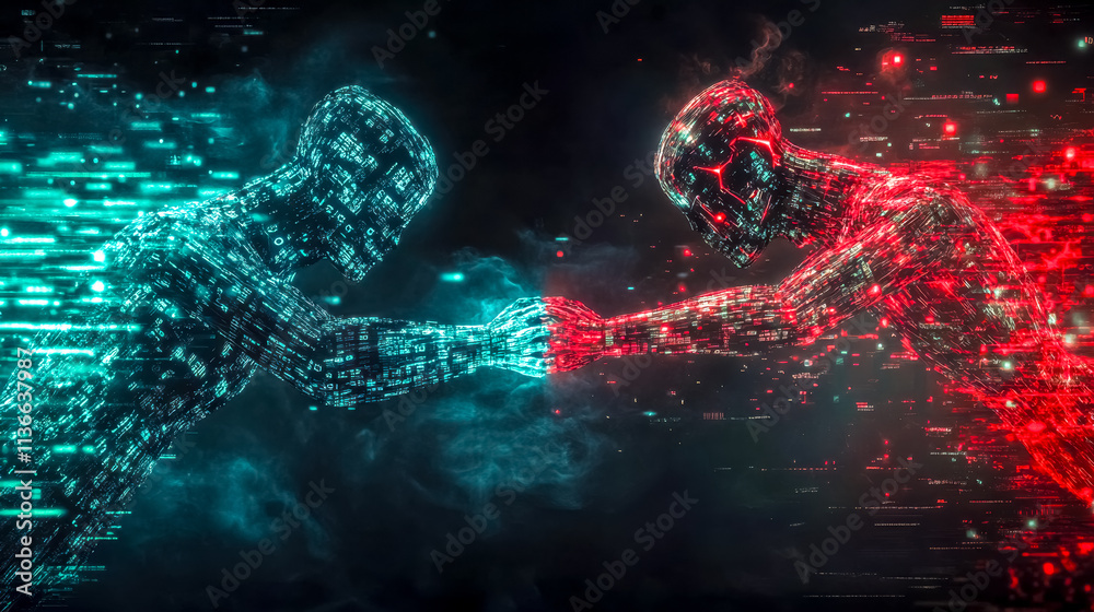 Wall mural two digital humanoids made of binary code shaking hands in a dark cyberspace