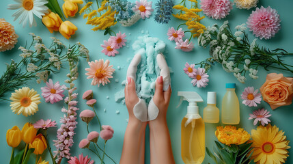 Hands washing blue microfiber cloth with soap foam surrounded by colorful flowers and cleaning products on a light blue background