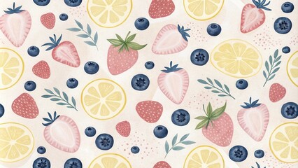 A watercolor illustration of a seamless pattern featuring lemons, strawberries, and blueberries on a light background