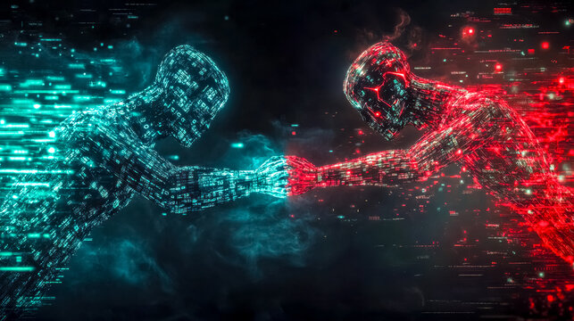 Two digital humanoids made of binary code shaking hands in a dark cyberspace