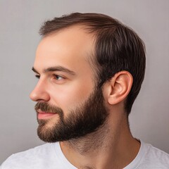 Fototapeta premium Portrait of a man with receding hairline. Concept of baldness, hair loss, hair transplant and hair grafts