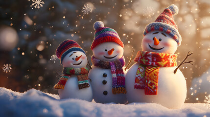 A Vibrant and Cheerful Winter Wonderland with a Snowmen Family in Colorful Scarves Surrounded by Falling Snowflakes