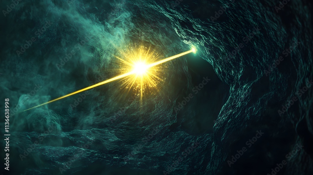 Poster Dynamic Light Source Illuminating Dark Cavern with Ethereal Glow and Atmospheric Mist Enhancing Depth and Mysterious Ambiance of Underground Scene