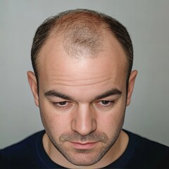 Obraz premium Portrait of a man with receding hairline. Concept of baldness, hair loss, hair transplant and hair grafts
