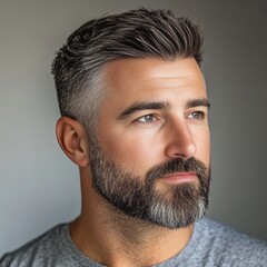 Obraz premium profile portrait of a handsome, middle aged man with neatly trimmed beard and wavy hair