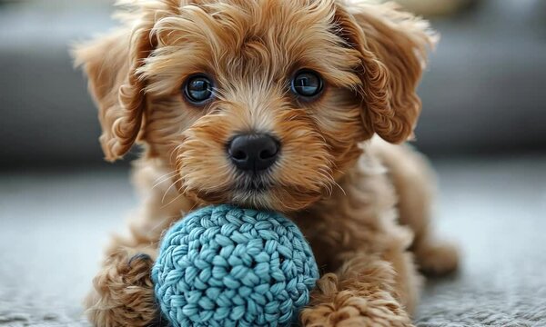 A cute puppy playing with a blue crocheted ball on a soft surface.