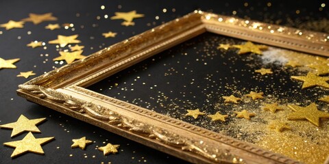 A golden picture frame lies on a bed of shimmering gold glitter and stars, creating a luxurious and festive backdrop.