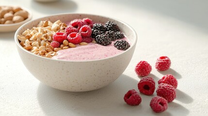 Healthy eating flat lay with yogurt bowl kitchen food bright light aesthetic wellness lifestyle