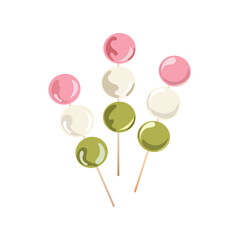 Сhewy three coloured dumplings on skewers. Japanese traditional dessert. Dango vector illustration isolated on white background.