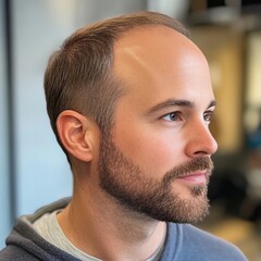 Obraz premium Portrait of a man with receding hairline. Concept of baldness, hair loss, hair transplant and hair grafts