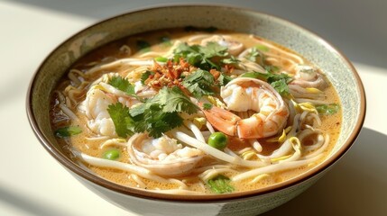 Delicious flat lay of malaysian laksa with noodles kitchen table food natural lighting culinary delight
