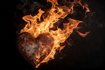 A glowing, vibrant heart on fire, set against a dark, black background, symbolizing passion and intensity, with vivid flames illuminating the heart's fiery core.