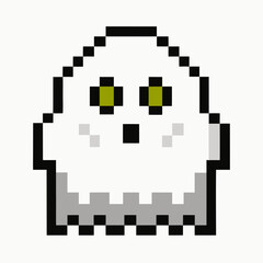 Pixel Art Ghost with Green Eyes on White Background in Retro Gaming Style
