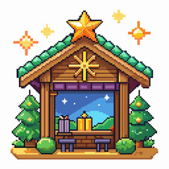 Pixel Art Christmas Hut with Gifts, Trees, and Glowing Stars   Festive Holiday Digital Illustration