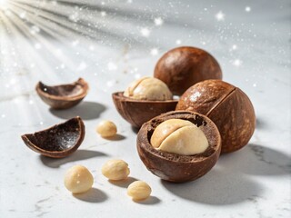 Obraz premium Surreal Composition of Open Macadamia Nuts with Shells on a Pure White Background, Highlighting the Intricacies of Nature's Design in a Unique and Artistic Display