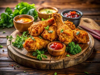 Surreal Crispy Fried Chicken Drumsticks: Rustic Plate, Dipping Sauces, Herbs