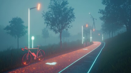 A futuristic eco-district with glowing bike paths made from recycled materials. AI-controlled streetlights powered by solar panels illuminate the way, promoting sustainable urban commuting. 