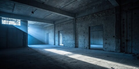 A solitary beam of sunlight pierces through a window in a stark, concrete room, illuminating the dust particles dancing in the air, casting long shadows on the unfinished floor.
