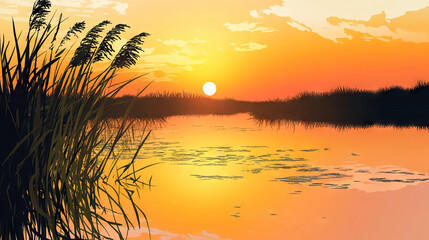 reeds on marshlands against sunrise with reflections on the water, natural beauty and conservation for World Wetlands Day banner.