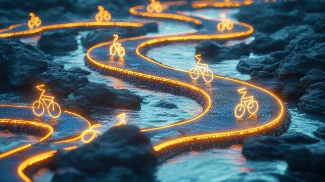 A futuristic eco-district with glowing bike paths made from recycled materials. AI-controlled streetlights powered by solar panels illuminate the way, promoting sustainable urban commuting. 