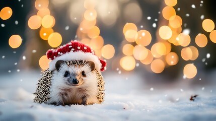 Fototapeta premium Small hedgehog sitting on snowy ground wearing a festive hat near glowing Christmas trees