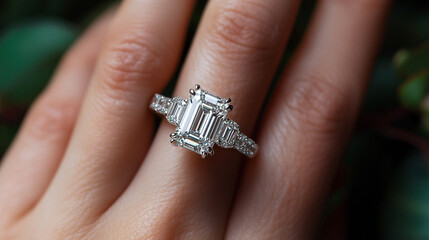 Elegant diamond engagement ring showcased on a hand with detailed craftsmanship