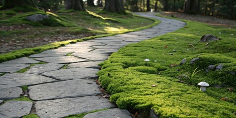 A winding stone pathway bordered by lush green moss, with a lone mushroom peeking out from the foliage, creates a serene and inviting scene.
