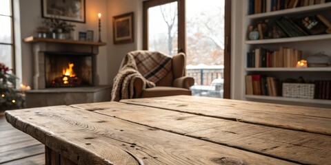 A Rustic Wooden Table in Front of a Cozy Living Room with a Fireplace, Bookshelves, and a Window with a View