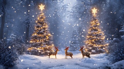 Cozy winter forest with small deer wearing festive hats sitting near glowing Christmas trees