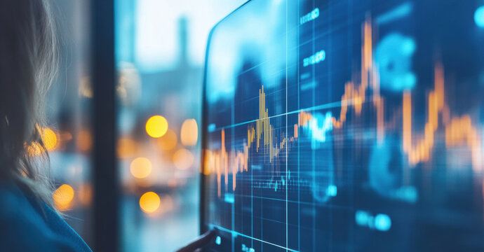 Two focused businesswomen analyze vibrant data visuals on a futuristic display, embodying innovation and collaborative decision making.