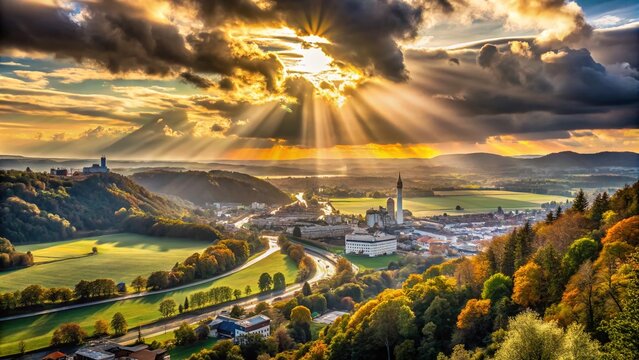 Surreal Industrial Landscape: Inn-Salzach Region Aerial View, Sunbeams, Cloudy Sky, Bavaria, Germany