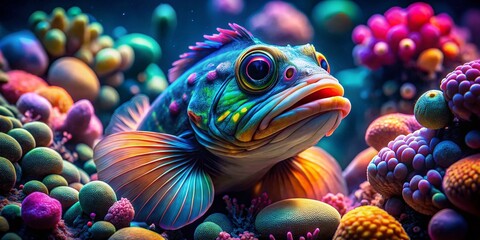 Fototapeta premium Surreal Jawfish Photography: Underwater Dreamscape, Bizarre Fish, Ocean Fantasy, Aquatic Surrealism, Jawfish Portrait