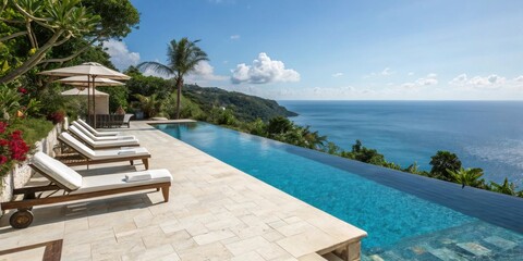 Fototapeta premium Luxurious infinity pool overlooking the vast expanse of the ocean with a breathtaking view of the horizon and lush tropical greenery.