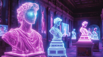 A glowing, futuristic art gallery displaying AI-generated sculptures and paintings. Visitors interact with the art through holographic explanations and augmented reality enhancements. 