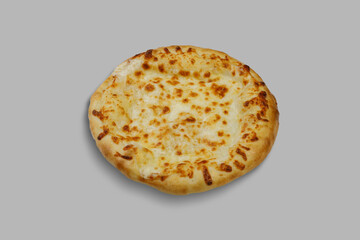 A delicious pizza topped with cheese is placed on a gray surface